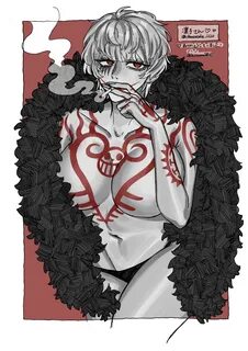 one piece, rule 63, big breasts, chest tattoo, cigarette, cleavage, conveni...