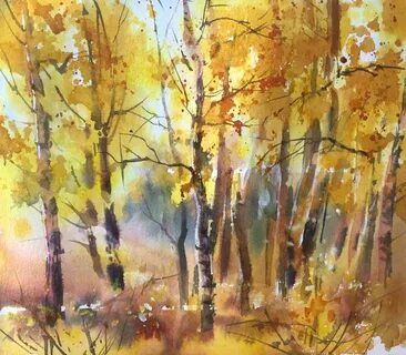 Осенний пейзаж акварелью поэтапно