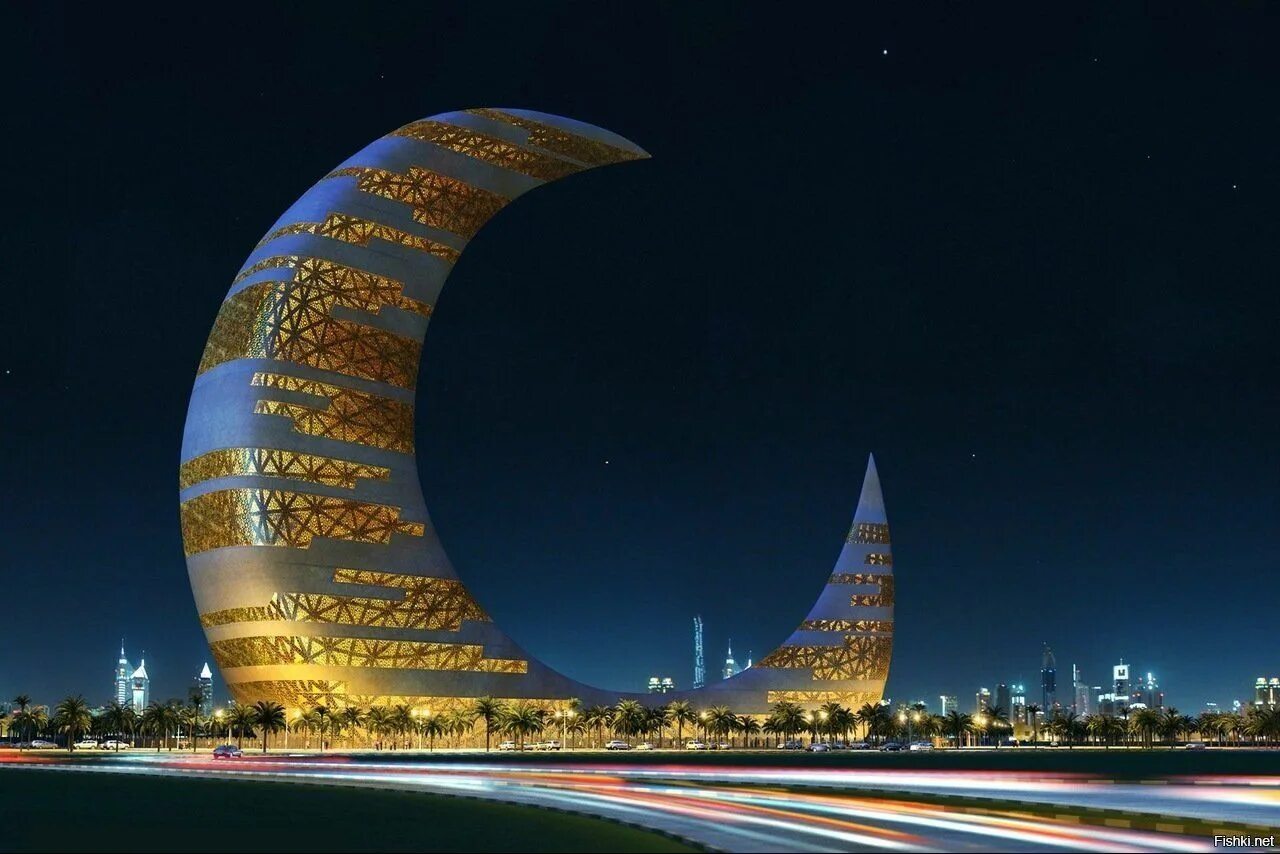 Чудеса арабских эмиратов. Мун Тауэр Дубай. Архитектура Дубаи полумесяц. Дубай товерс. Небоскреб-полумесяц, Дубай, ОАЭ..