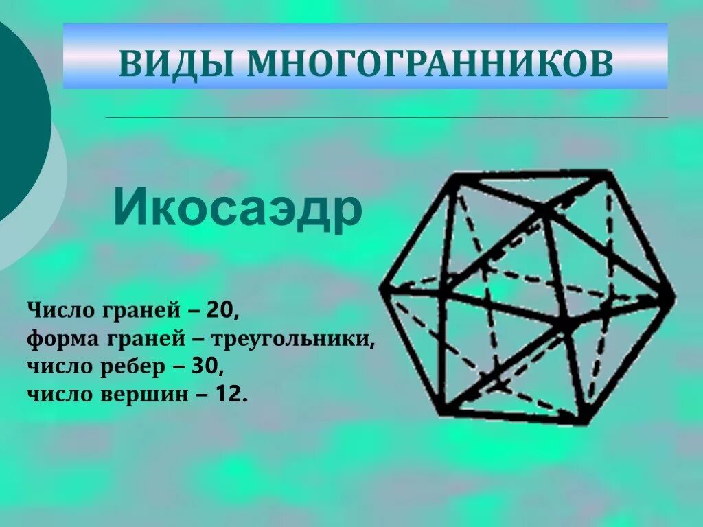 Многогранник количество вершин граней ребер. Икосаэдр вершины ребра. Икосаэдр вершины ребра грани. Двадцатигранник 20 граней 12 вершин. Икосаэдр число граней вершин ребер.