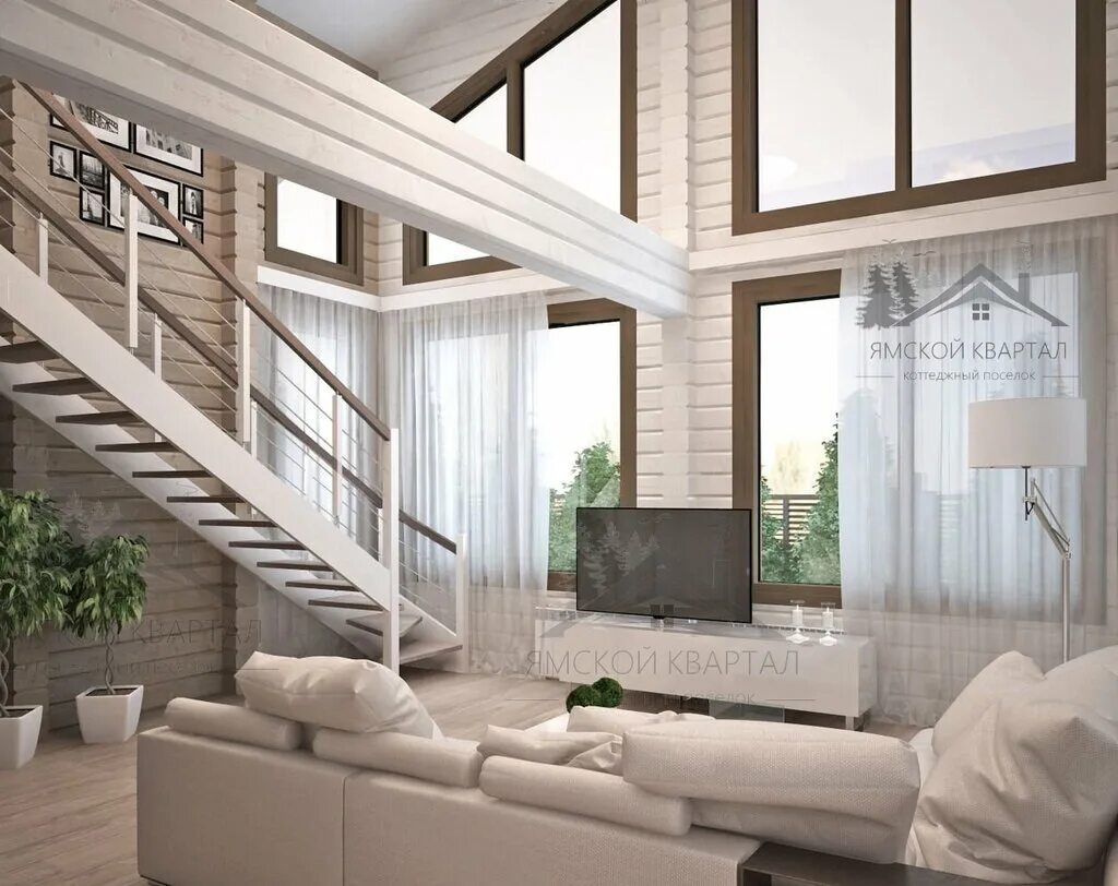 cream-sectional House interior, Double height living room, Industrial interior l