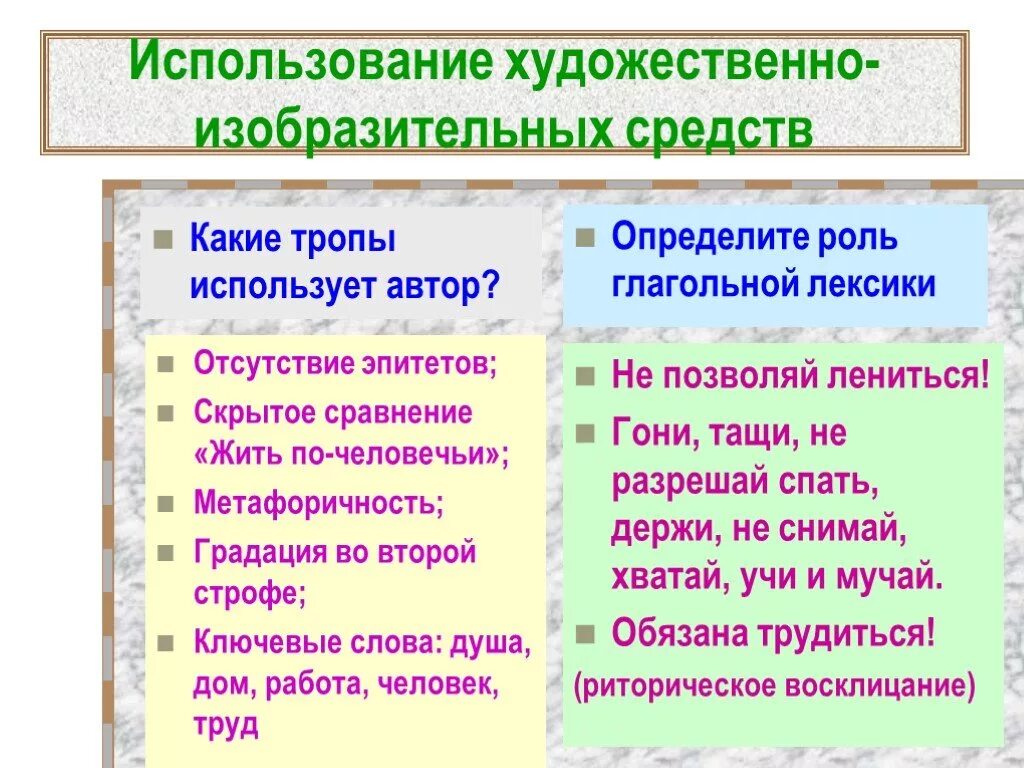 Какие художественные средства используют авторы. Изобразительные средства в стихах. какие тропы использует автор. стих не позволяй душе лениться. использования художественного изобразительных средств.