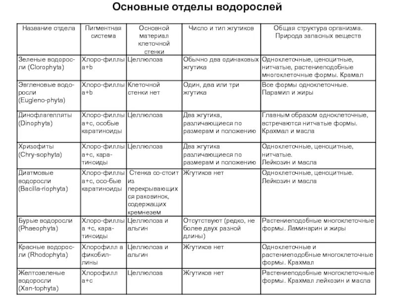 Сравнительная характеристика отделов водорослей таблица 7 класс. Общая характеристика отделов водорослей таблица. Отделы водорослей таблица 6 класс биология. Таблица по биологии 7 класс отделы водорослей.