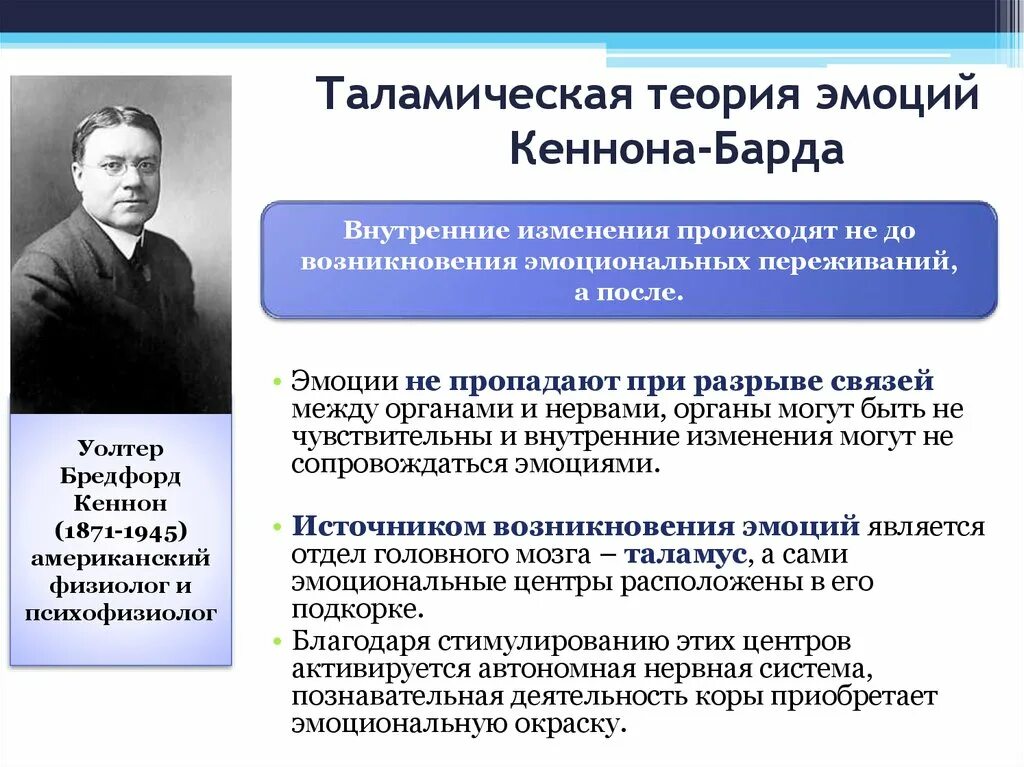 Теория Джеймса Ланге и Кеннона-барда. Эмоциональная теория Кеннона барда. «Центральная» (таламическая) теория Кэннона— барда. Теория эмоций Кеннона. Автор теории эмоций