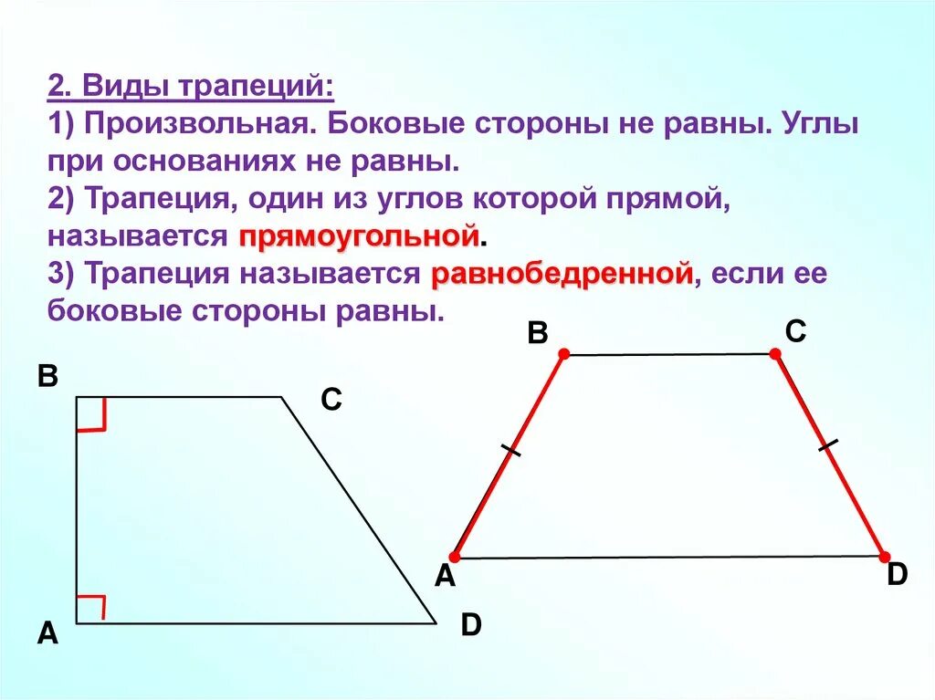 Трапеция определение виды трапеций свойство равнобедренной трапеции. Виды трапеций. Боковые стороны трапеции. Название сторон трапеции. Углы при основании трапеции.