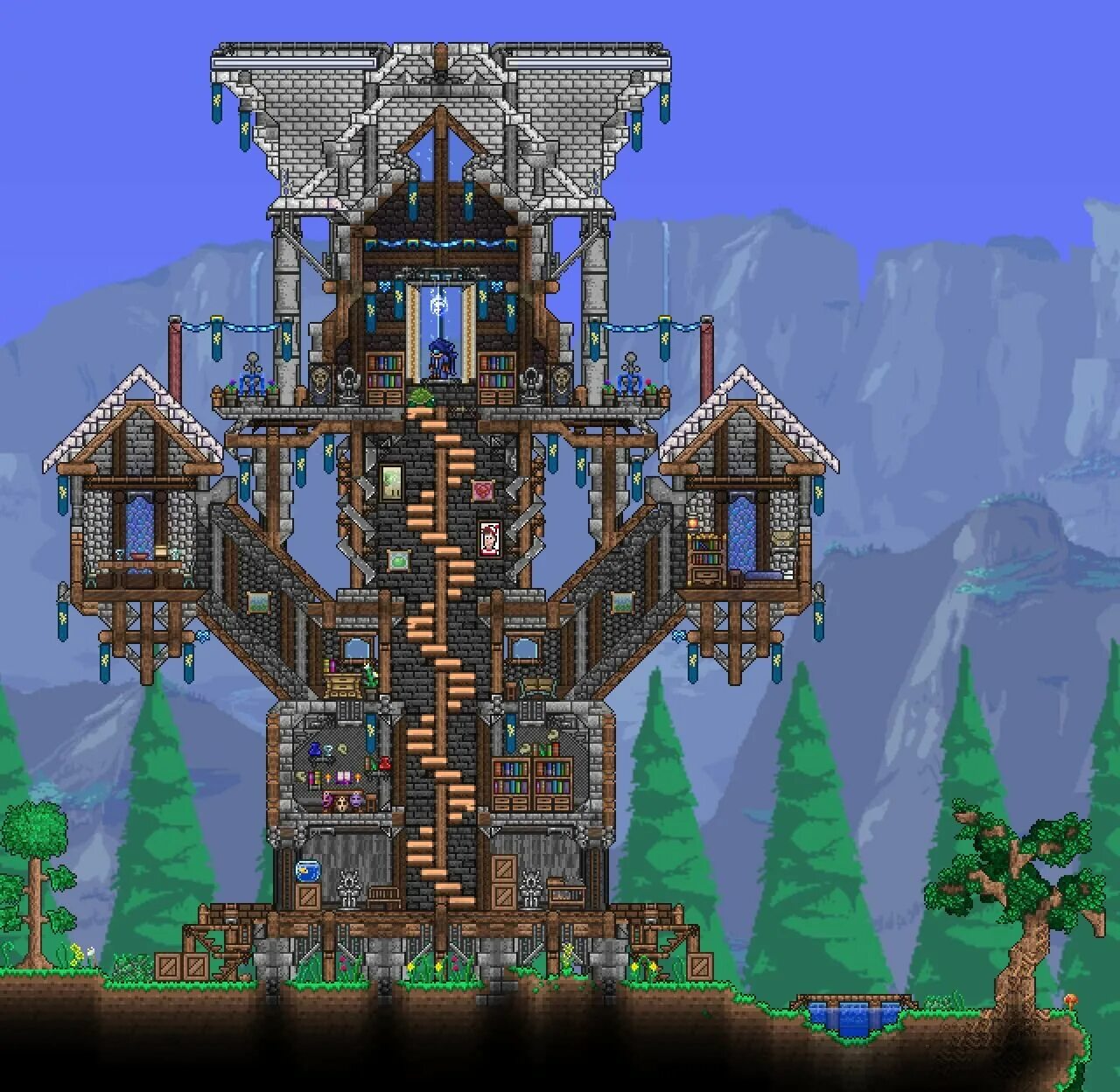 Terraria build. Террария дом башня. Замок террария. Дом в террарии замок. Красивый замок в террарии.