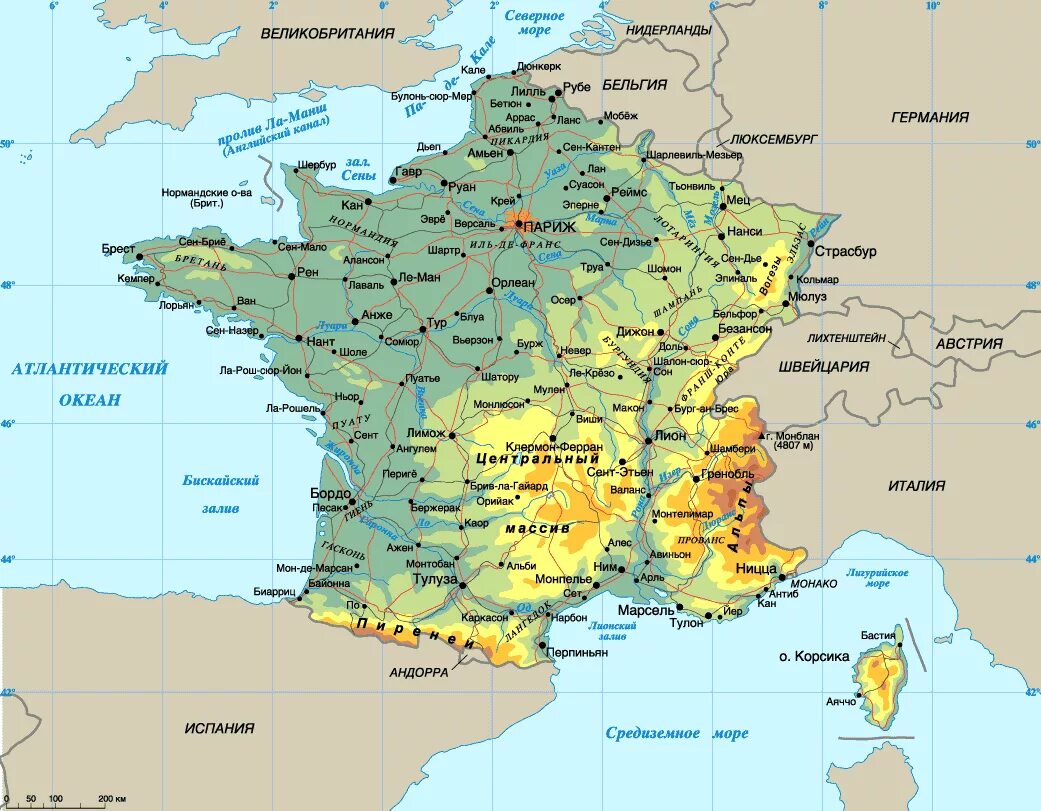 Какое море омывает францию. Арденны горы на карте. Карта Франции на русском языке с городами подробная. Рельеф Франции карта. Географическая карта Франции.