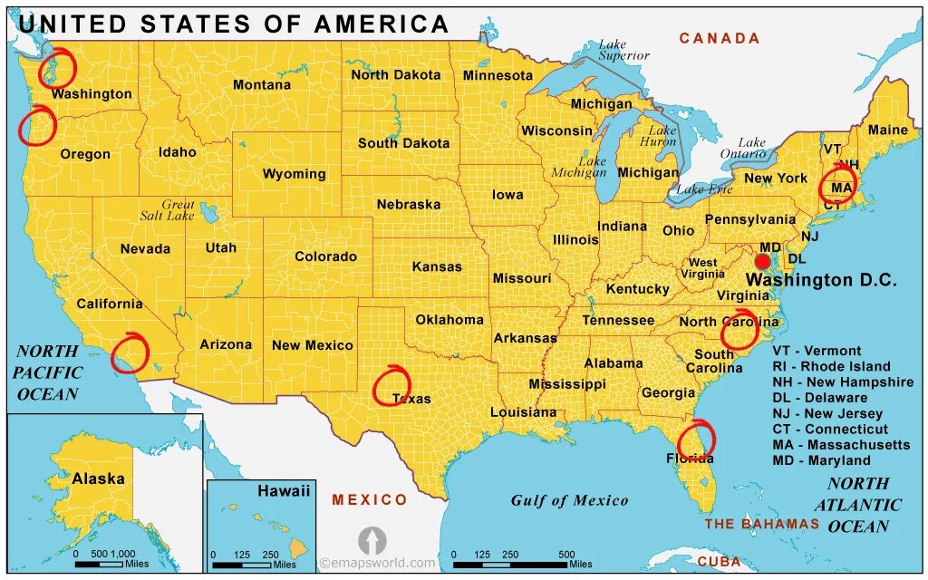 Огайо в какой океан. Соединенные штаты Америки на карте по Штатам. Карта США со Штатами. Штат Вашингтон на карте Америки.