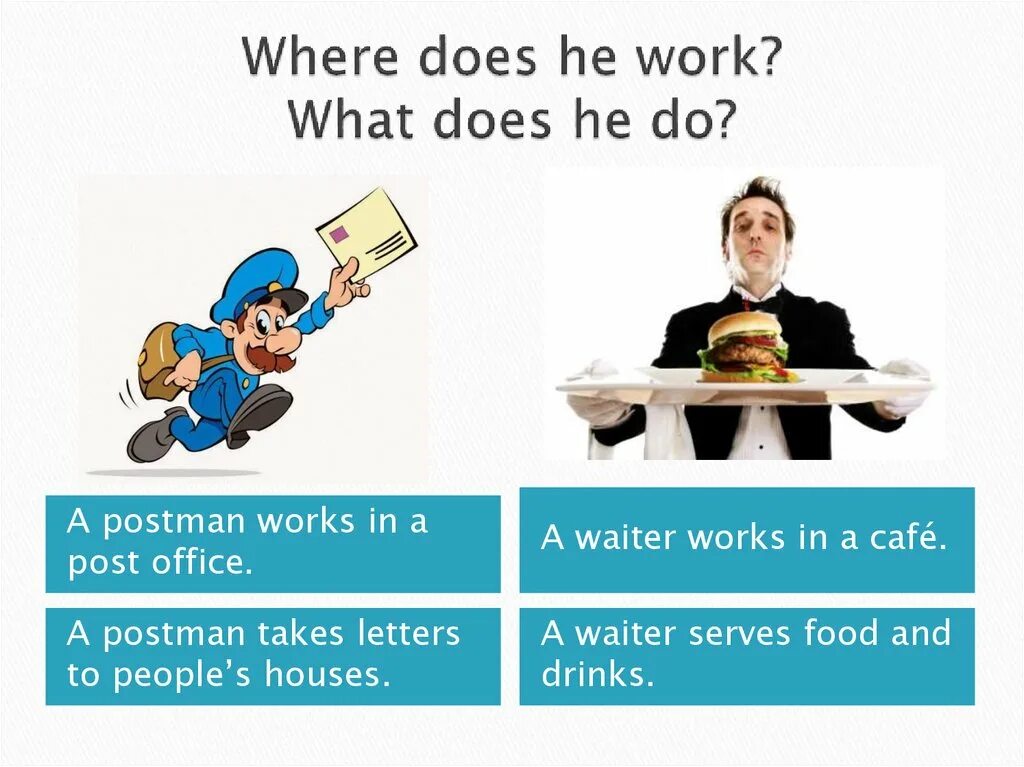 He work или works. What do Postmen do? Задание. Where does he work. Postman take Letters to people's Houses.