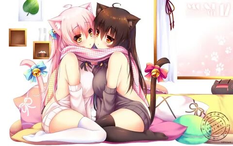 2girls animal ears blush bow breasts brown hair catgirl long hair mia flatp...