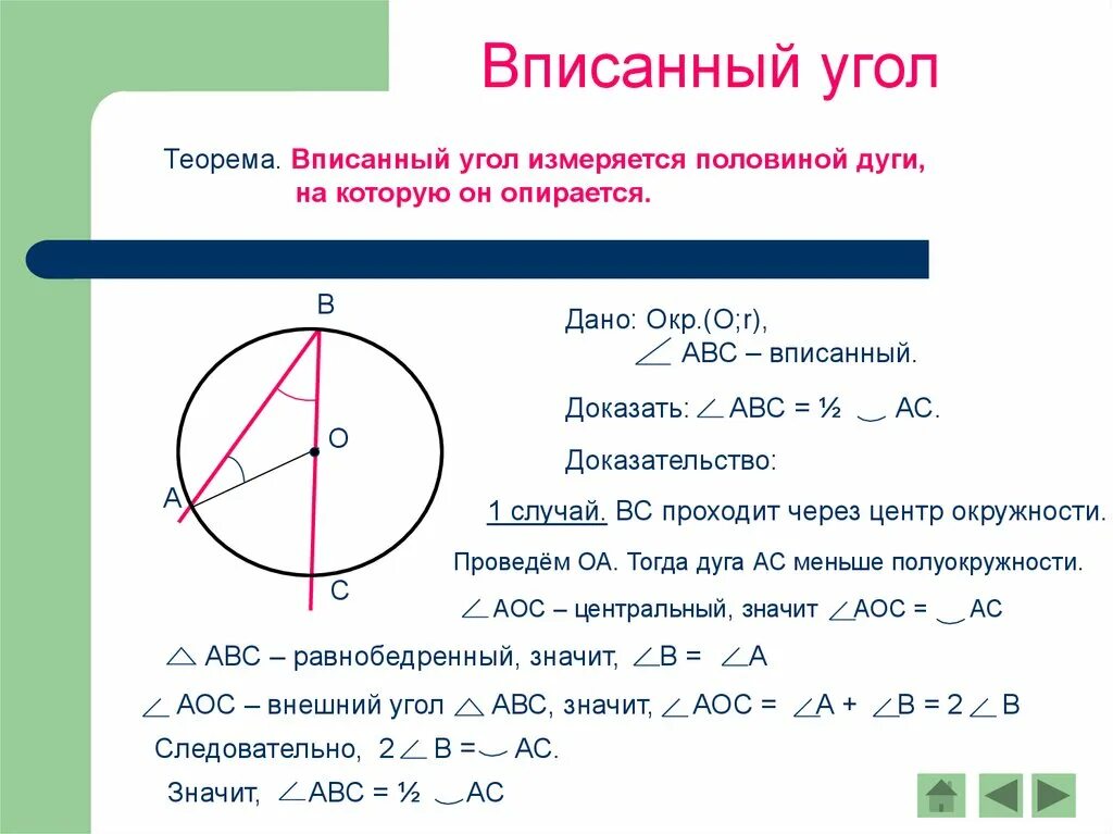 Доказательство теоремы о вписанном угле. 1. Вписанный угол измеряется половиной дуги, на которую он опирается.. Теорема о вписанном угле доказательство. Вписанный угол доказательство. Доказательство теоремы о вписанном угле 1 случай.