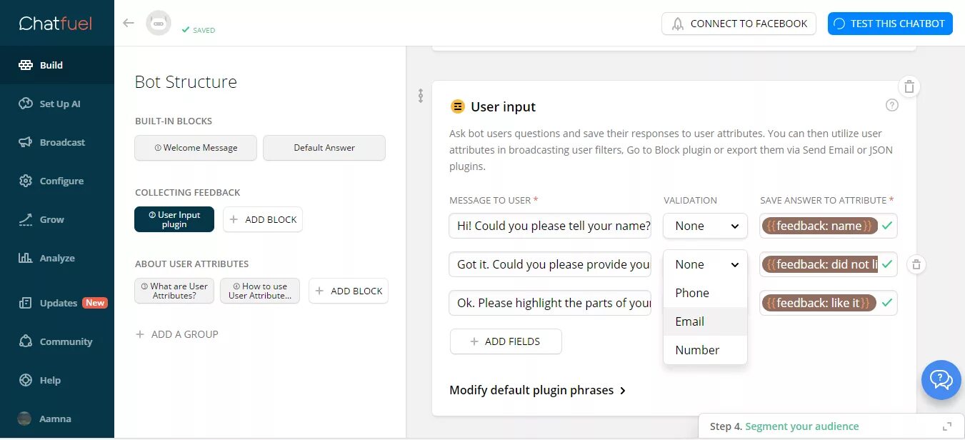 User attributes. Botsify. chatfuel. chatfuel logo. what is user input in telegram bot.