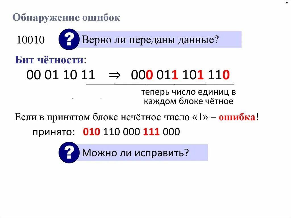 Что такое бит четности. Обнаружение ошибок. Число для обнаружения ошибок. Код с битом четности. Обнаружение ошибок Информатика 11 класс.