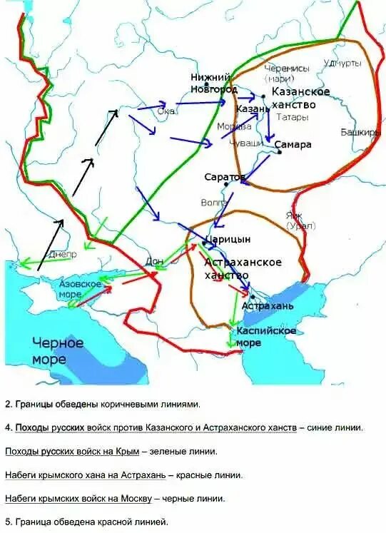 Подпишите на карте города москву и астрахань. Обведите границу российского государства к середине 16. Походы русских войск против Астраханского ханства. Где было особенно много поселений старообрядцев на карте. Города Поволжья в середине XVI.