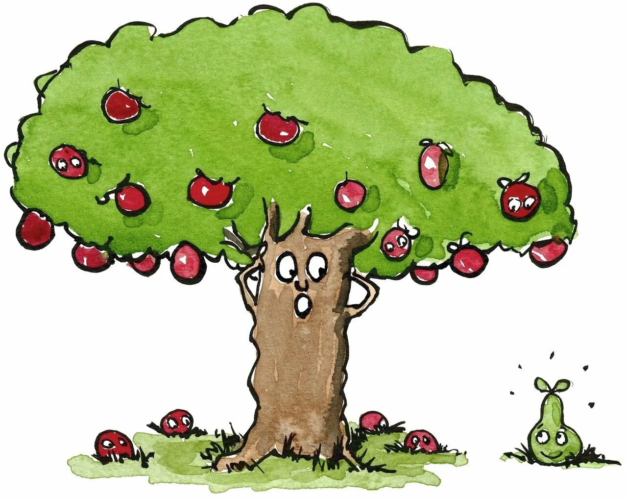 Яблоко от яблони недалеко падает. Яблоко от яблоньки недалеко падает. Яблоки на дереве. Иллюстрация к поговорке яблоко от яблони недалеко падает.