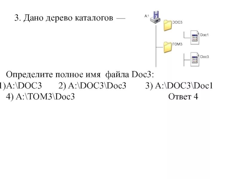 Название данное файлу. Дерево каталогов. Определите полное имя файла. Определите полное имя файла doc3. Полное название файла doc3.