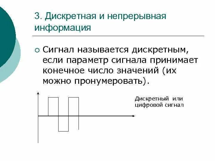 Непрерывных сообщений. Непрерывная и дискретная информация. Дискретная информация. Информация о дискретном сигнале. Примеры дискретной и непрерывной информации.