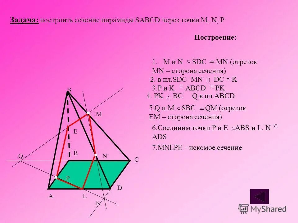 Как строить сечение параллельно прямой. Постройте сечение пирамиды sabcd. Построение сечения пирамиды по 3 точкам. Сечение пирамиды по 3 точкам плоскостей. Построение сечения четырехугольной пирамиды по 3 точкам.