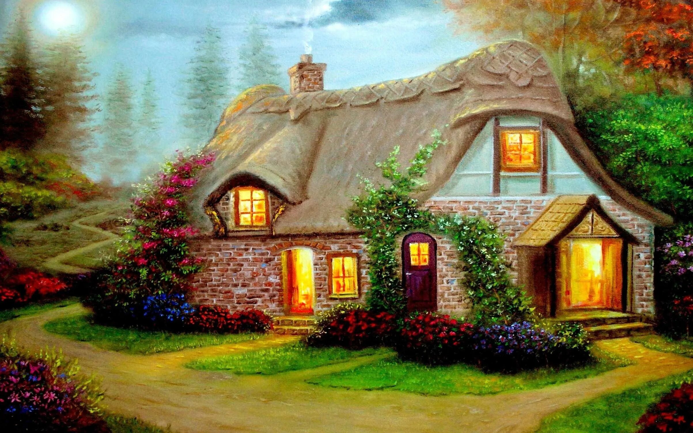 Картинка домик. Сказочные домики Джима Митчелла. Томас Кинкейд Rosebud Cottage. Американский художник Richard Burns. Сказочный дом.
