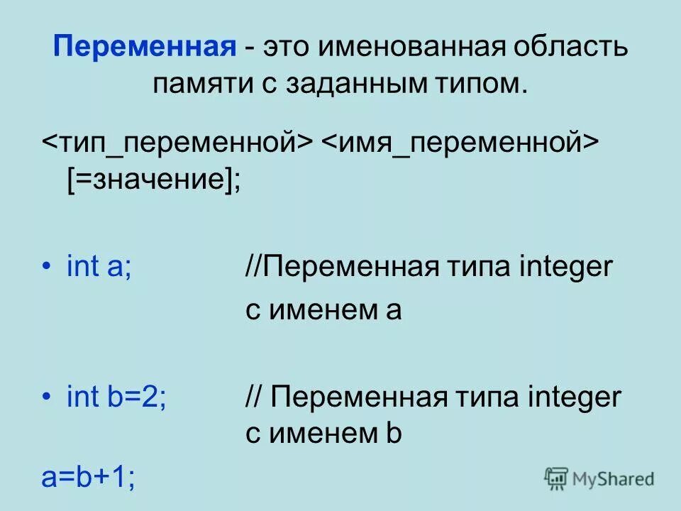 Именованная область памяти. Переменная это. Переменная это именованная область. Переменная типа INT. Значение переменной.