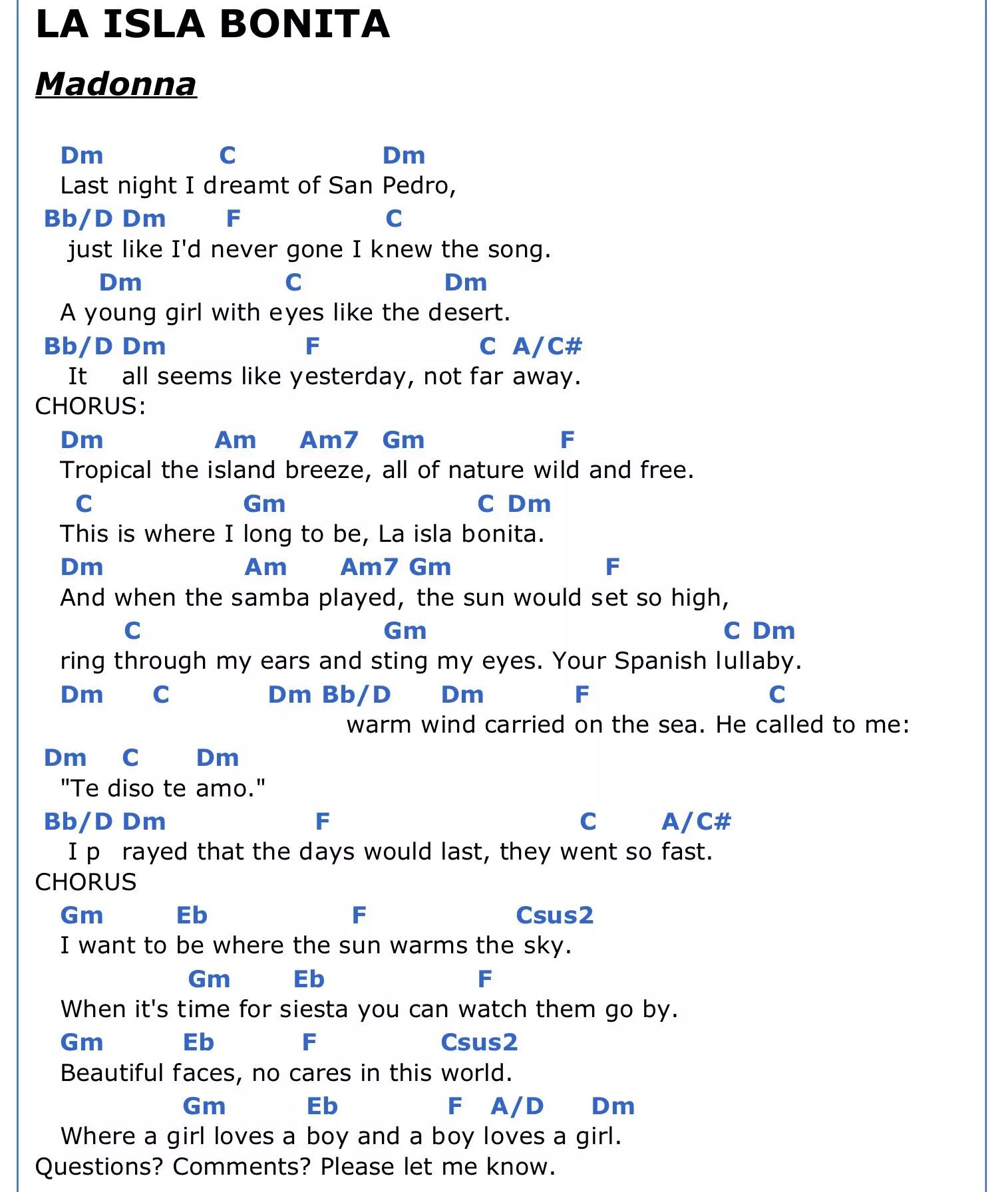 Мадонна la Isla Bonita. Madonna la Isla Bonita текст. La Isla Bonita аккорды. Ла Исла Бонита на русском.
