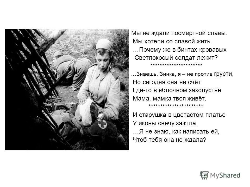 разбитой ели. мы не ждали посмертной славы. почему же в бинтах кровавых светлокосый солдат лежит. нам не надо войны. снайпера крымские татарки 1941-1945.