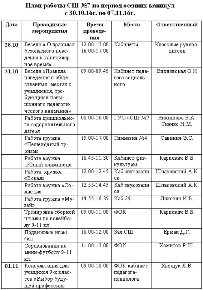 План на каникулы 9 класс