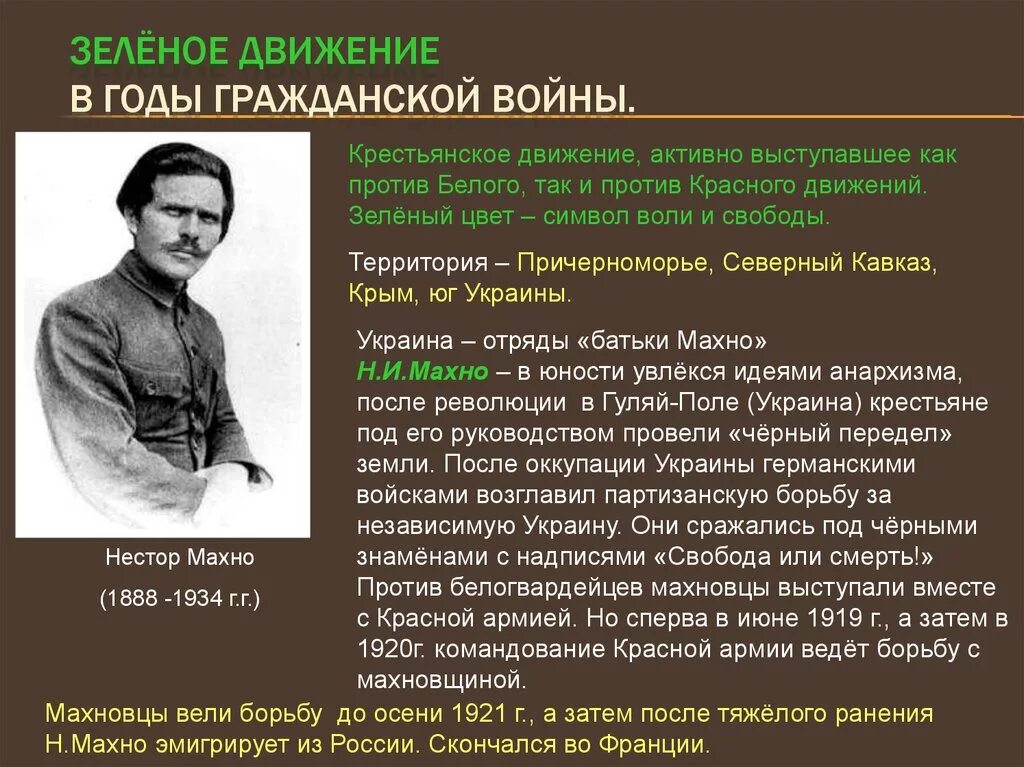 Гражданское движение в рф. Махно зеленое движение. Военноначальники зеленого движения в гражданской войне.