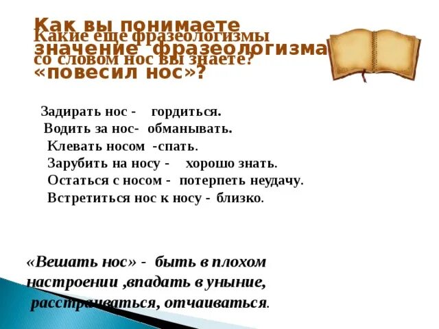 Клевать носом значение фразеологизма. Вешать нос фразеологизм. Задирать нос фразеологизм. Задирать нос значение.