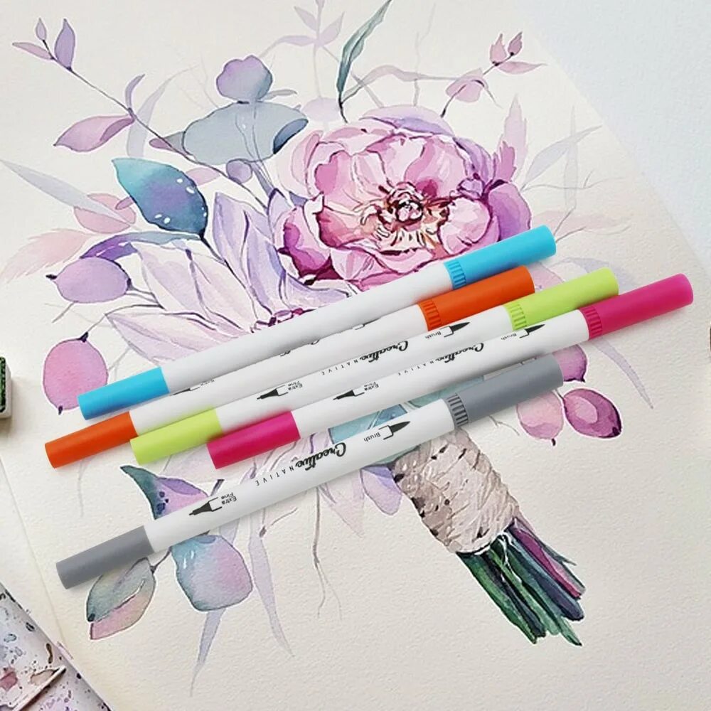 акварельные фломастеры с кисточкой. акварельные кисти. фломастеры для рисования акварельные. маркеры акварельные мазари 60ц. акварельные маркеры двухсторонние.