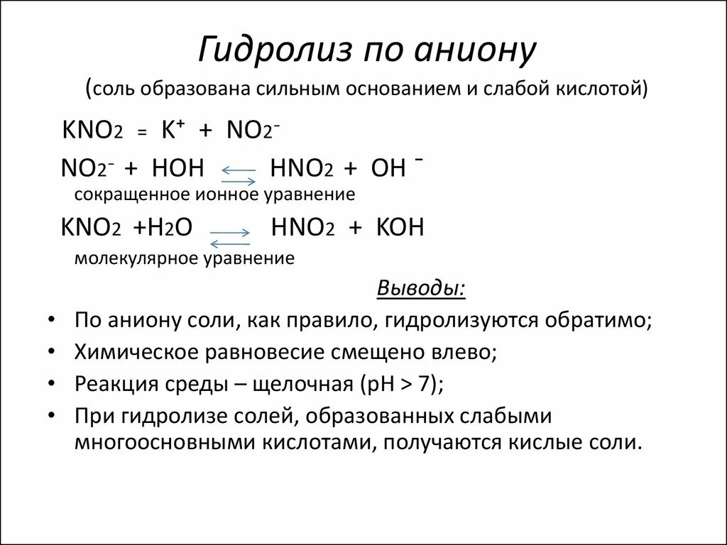 Какие реакции соли подвергаются гидролизу. Гидролиз соли слабого основания слабой кислоты гидролиз по аниону. Гидролиз кислых солей слабых кислот. Реакция гидролиза по аниону. Гидролиз по аниону примеры.