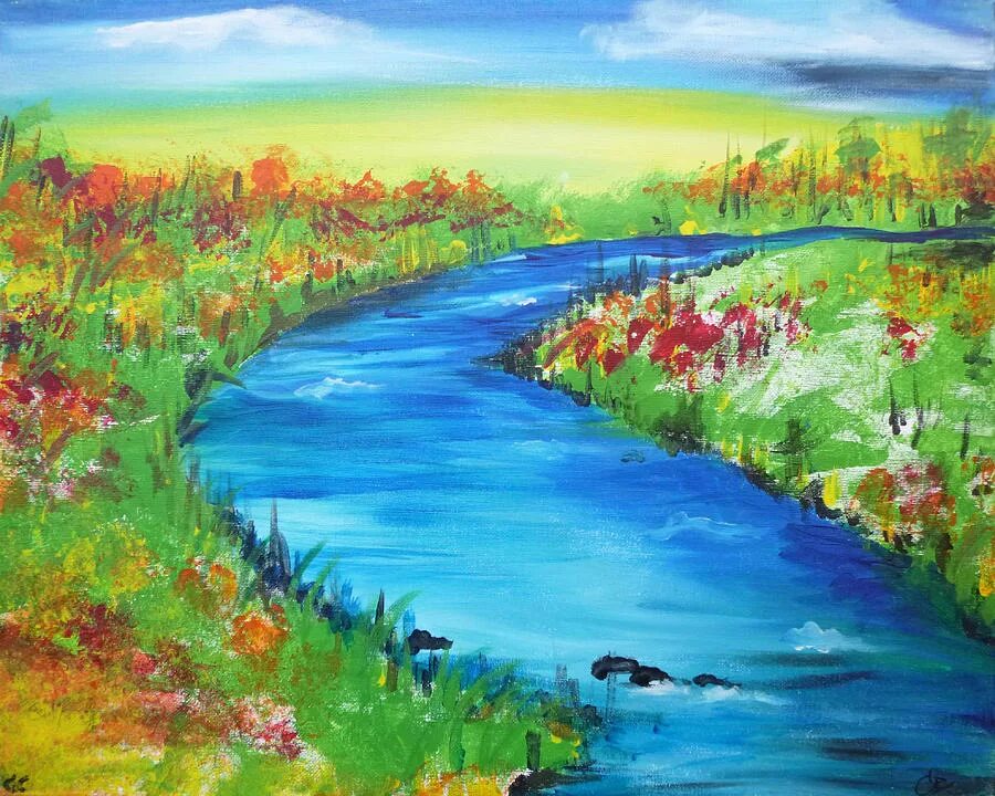 Рисование реки. Краски природы. Река для детей. Пейзаж с рекой рисунок.