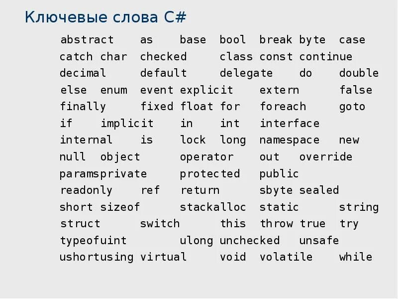 Слова c 1. Ключевые слова в c#. таблица ключевые слова c#. ключевые слова c# и их значение. ключевые и контекстные слова c#..