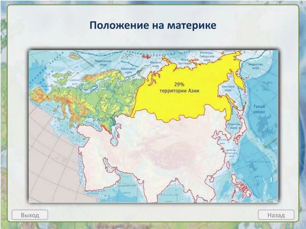 Какая территория находится в двух частях света. Положение на материке. Положениерлссии на мтерике. Положение России на материке Евразия. Расположение России на материке.