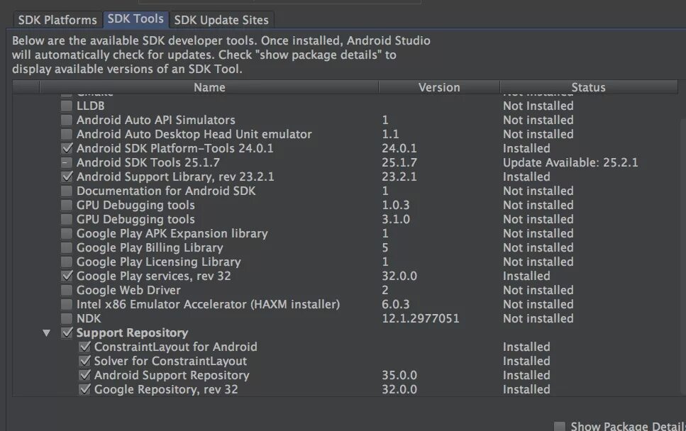 SDK Tools. SDK update Tools. Android support Library. SDK 1.1. Sdk updates