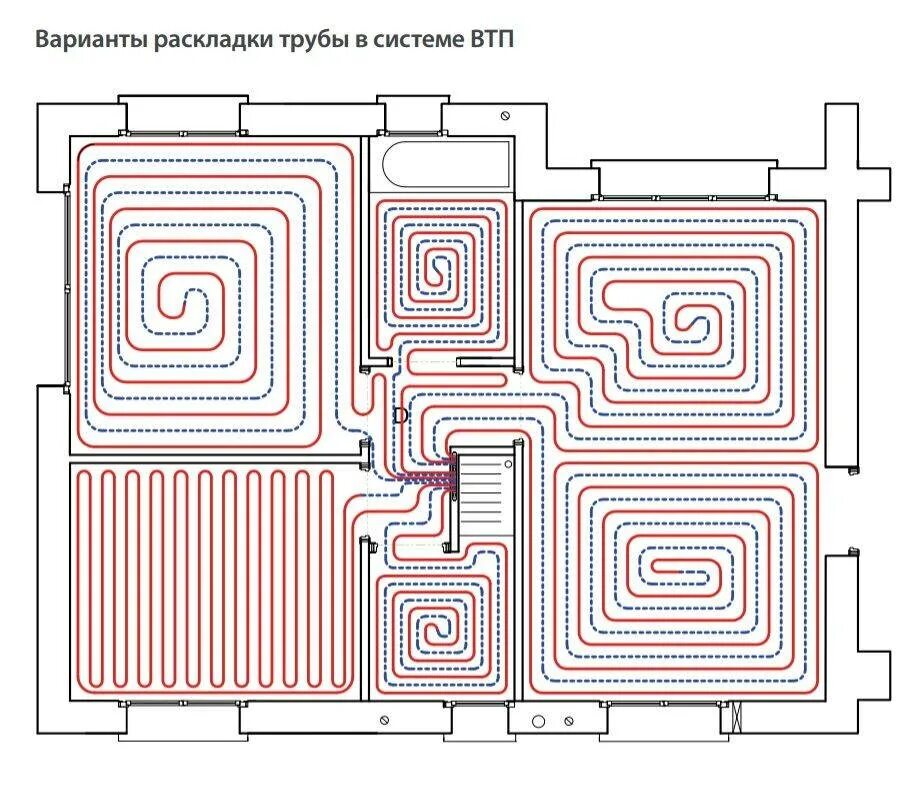 Тёплый пол водяной схема укладки. Схема раскладки труб водяного теплого пола. Схема прокладки теплого водяного пола. Монтажные схемы укладки теплого водяного пола. Максимальная длина трубы контура теплого пола