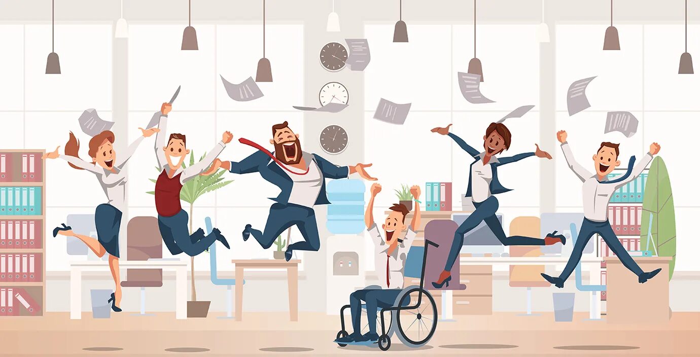 Бегом из офиса. Веселые люди в офисе. Work in fun. Self правило. Make work.