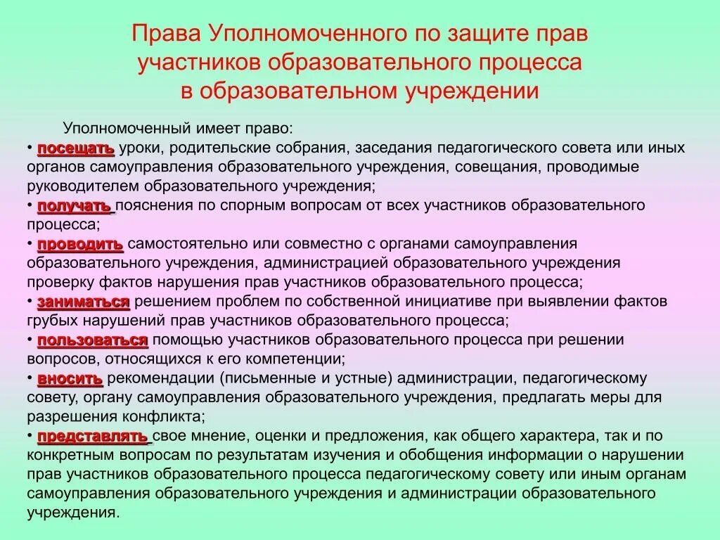 Обязанности образовательной организации. Права участников образовательного процесса. Права и обязанности участников образовательного процесса. Защита прав участников образовательного процесса. Обязанности уполномоченного по правам ребенка.