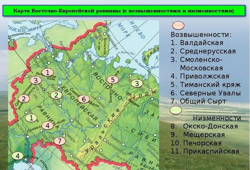 Состав внутренних вод восточно европейской. Номенклатура Восточно-европейской равнины 8 класс. Рельеф Восточно-европейской равнины карта. Физико географическая карта Восточно европейской равнины. Возвышенности Восточно европейской равнины на карте России.