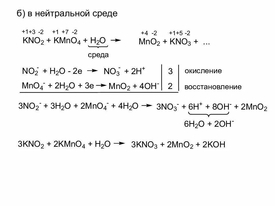 Окислительно восстановительные реакции nano3. No2 kmno4 h2o. Нейтральная среда. Kno2 kmno4 Koh метод полуреакций. Метод ионно электронного баланса в нейтральной среде.