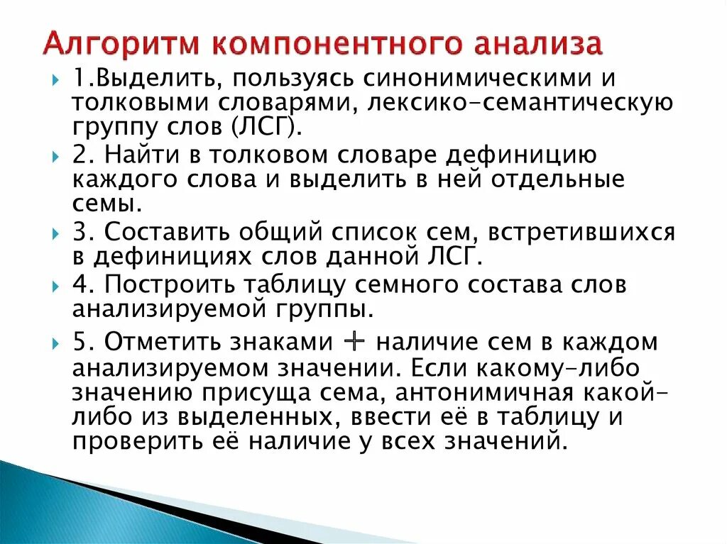 Алгоритм компонентного анализа. Метод компонентного анализа текста. Метод компонентного анализа в языкознании. Метод компонентного анализа пример.