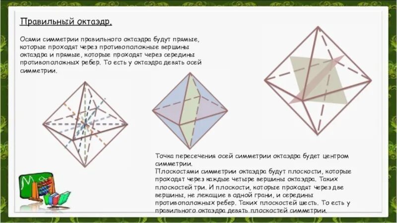 Центр ось и плоскость симметрии октаэдра. Правильный октаэдр оси симметрии. Оси симметрии октаэдра. Элементы правильного октаэдра.