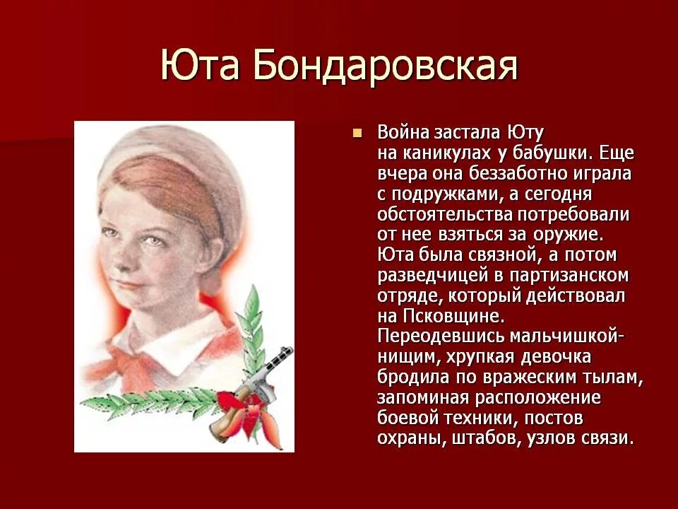 Пионеры герои подвиги кратко. Юта Бондаровская Пионер герой. Юта Бондаровская герой ВОВ. Герои пионеры Великой Отечественной войны и их подвиги. Дети герои Великой Отечественной войны Юта Бондаровская.