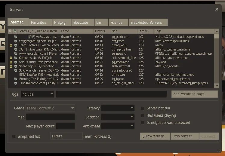Сервера Team Fortress 2. Список серверов. Русские сервера в ТФ 2. Прикольные сервера в Team Fortress 2. Черный список серверов