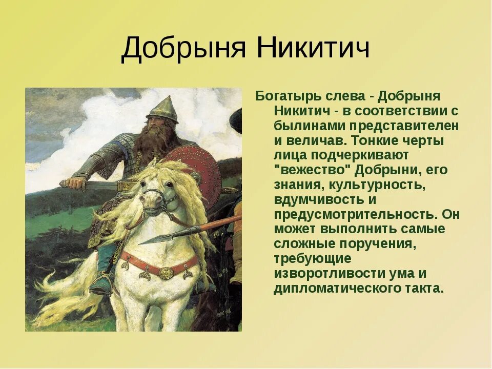 Рассказ о богатыре Добрыне Никитиче. Описать любого героя