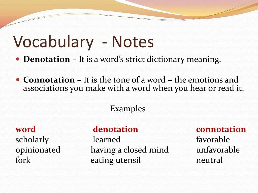 Noted meaning. Vocabulary Notes. Denotation connotation примеры. Denotation connotational meaning. Connotations of Words.