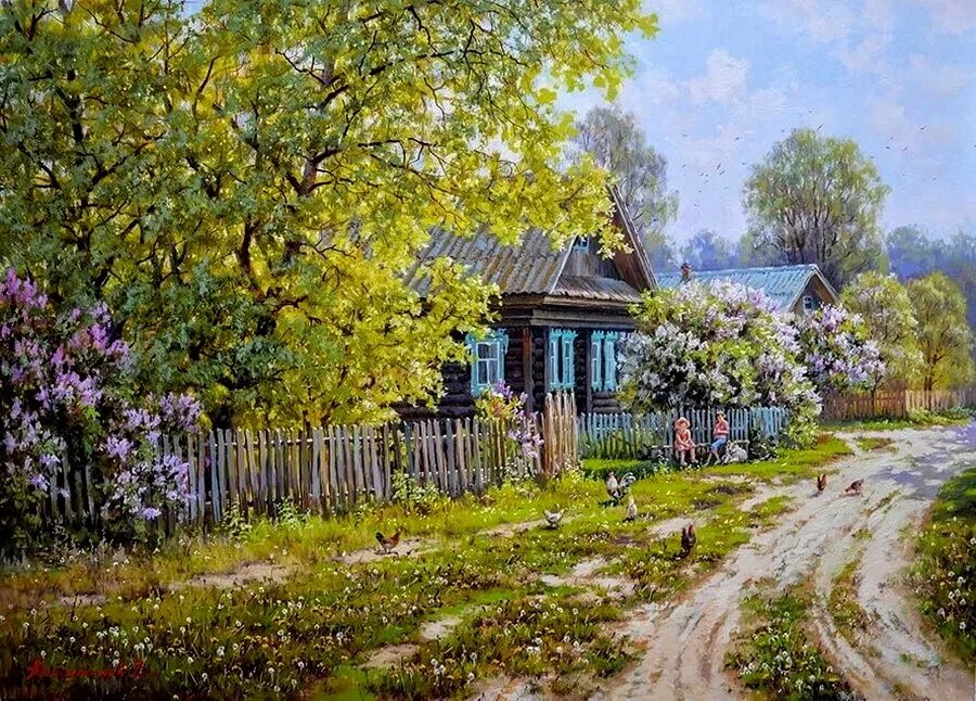 Улица в деревне весной. Живопись деревенский дом Артамонов. Сельский пейзаж художника Мазеева.