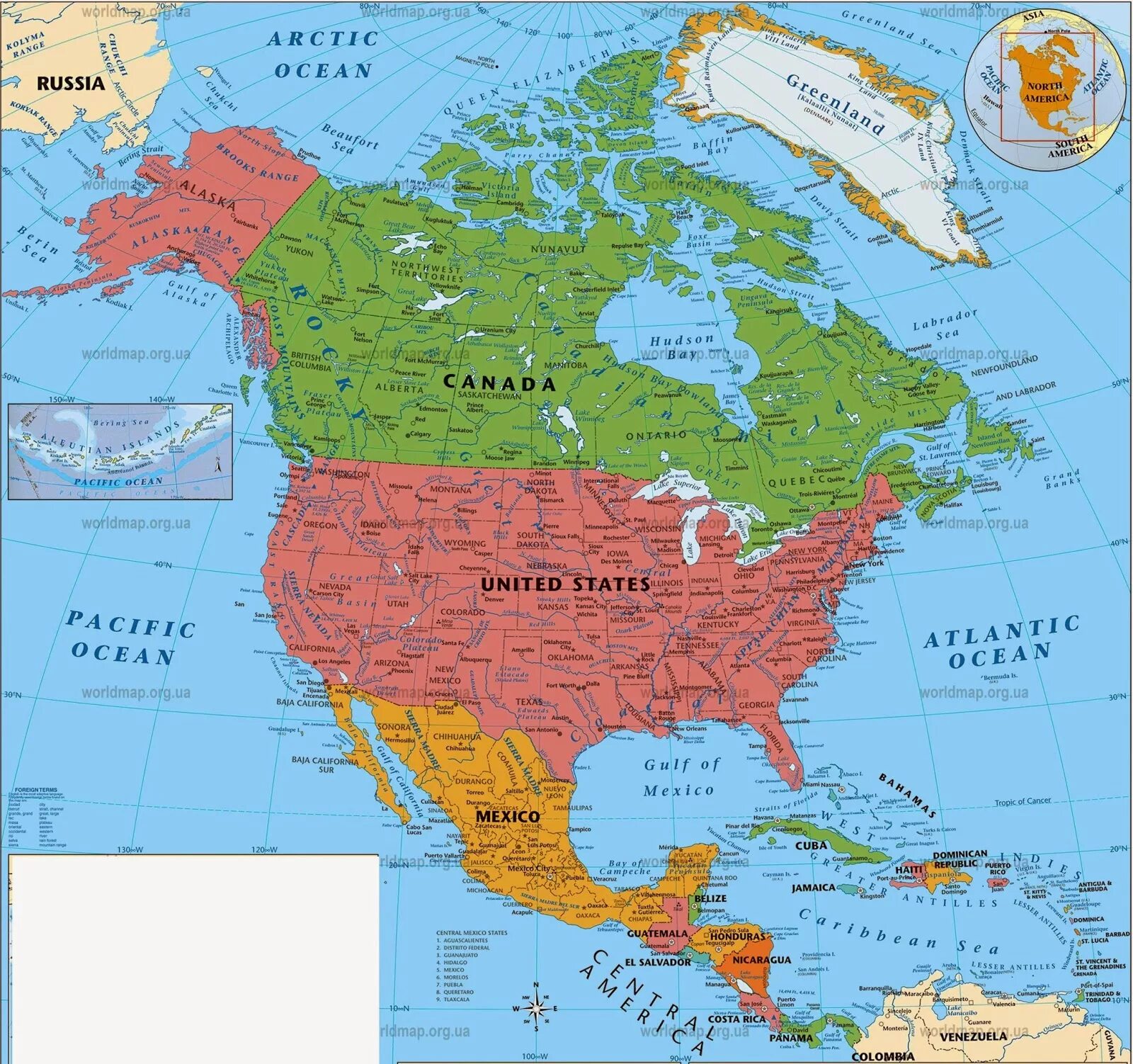 Карта стран Северной Америки на русском языке. Америка Континент политическая карта. Политическая карта Северной Америки. Политическая карта Сев Америки.