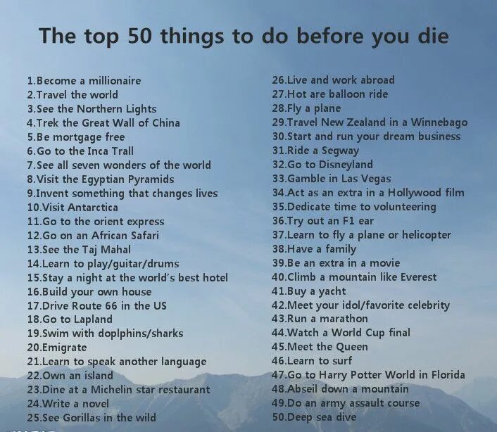 Did before. Bucket list before you die. list of things to do. 50 things to do before you die. 100 things to do before you die.