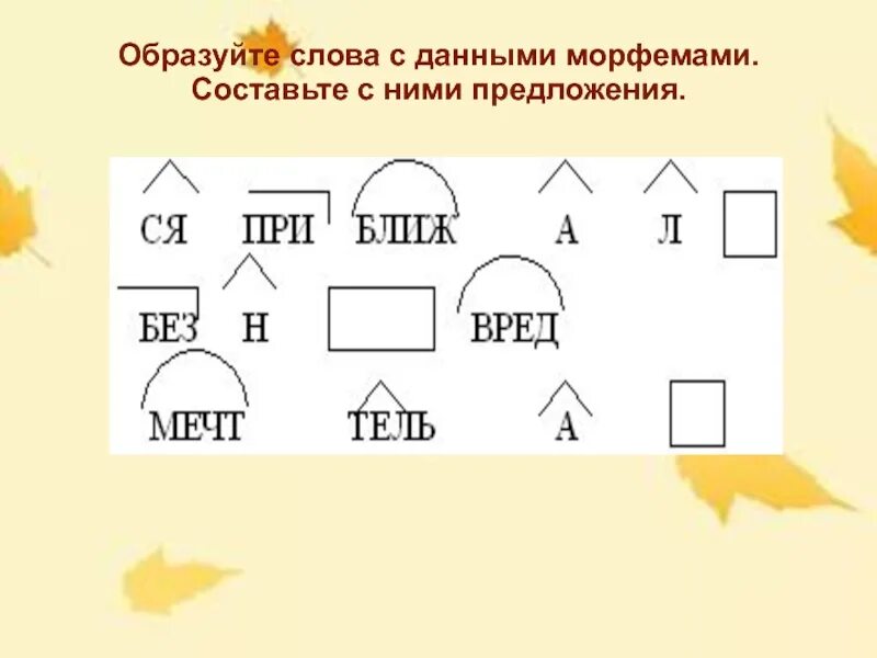 Вставить в слова пропущенные морфемы. Составление слов из морфем. Составление слов по данным схемам. Придумать слова с морфемами. Игра морфемы.